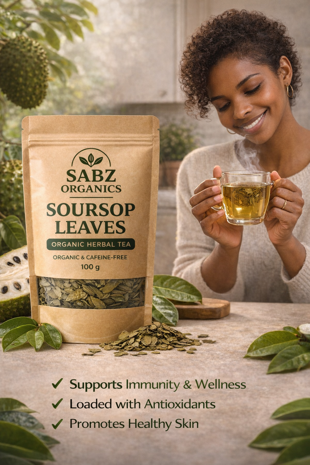 Woman holding a cup of tea next to a package of Sabz Organics Soursop Leaves tea.