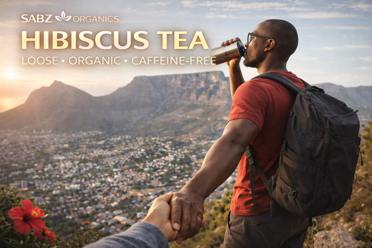 Man drinking from a thermos with a scenic mountain view and SABZ Organics hibiscus tea advertisement.