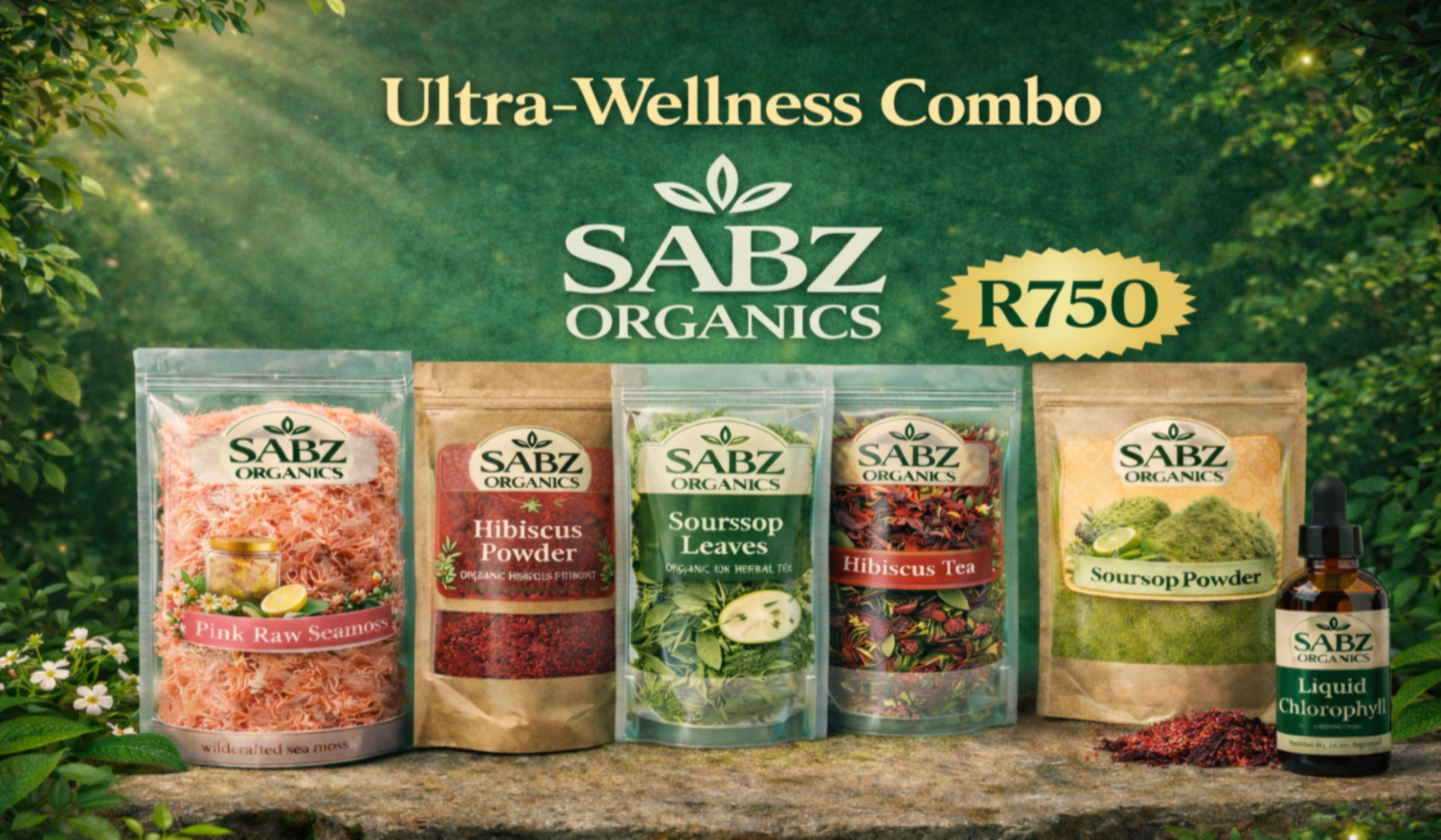 SABZ Organics ultra-wellness combo with various products on a wooden surface against a green natural background. Anti cancer. soursop, hibiscus, healthy liquid chlorophyll drops