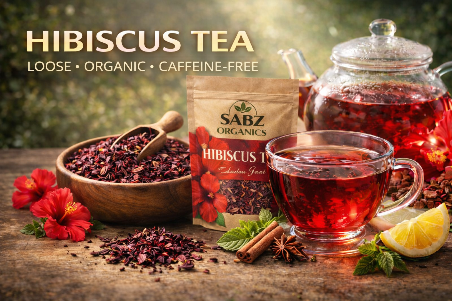 Hibiscus tea setup with Sabz Organics packaging, teapot, and cup on a wooden surface.