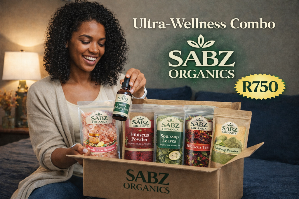 Woman holding a SABZ Organics Ultra-Wellness Combo box with products and a price tag. umdlavuza