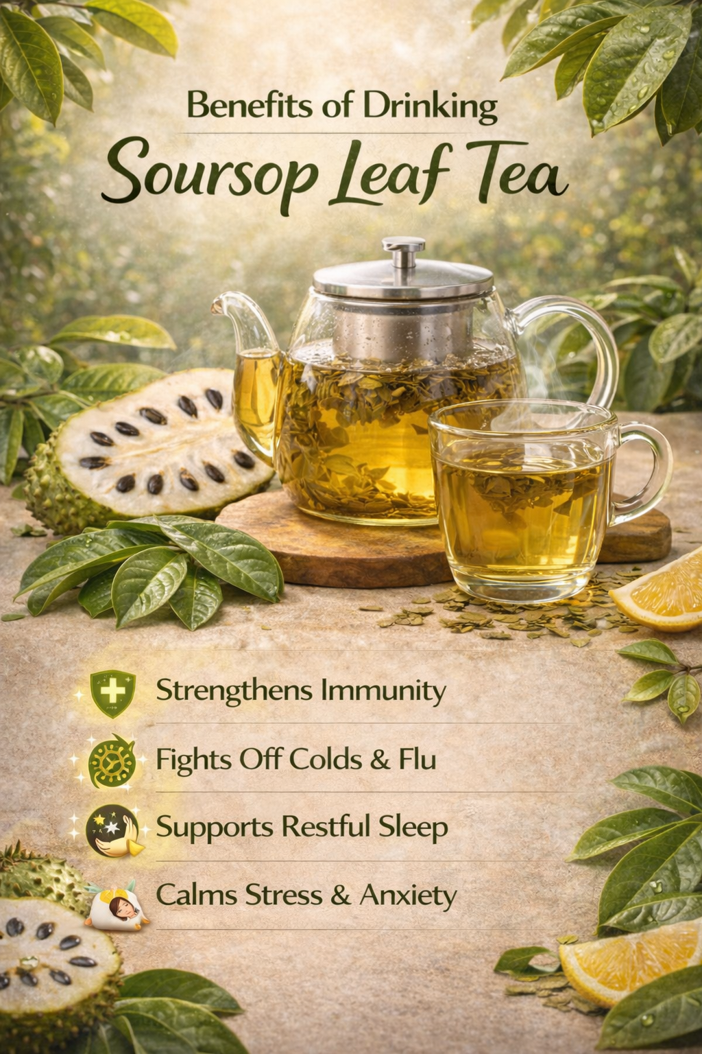 Soursop leaf tea with teapot and cup on a wooden surface, surrounded by soursop fruit and leaves.