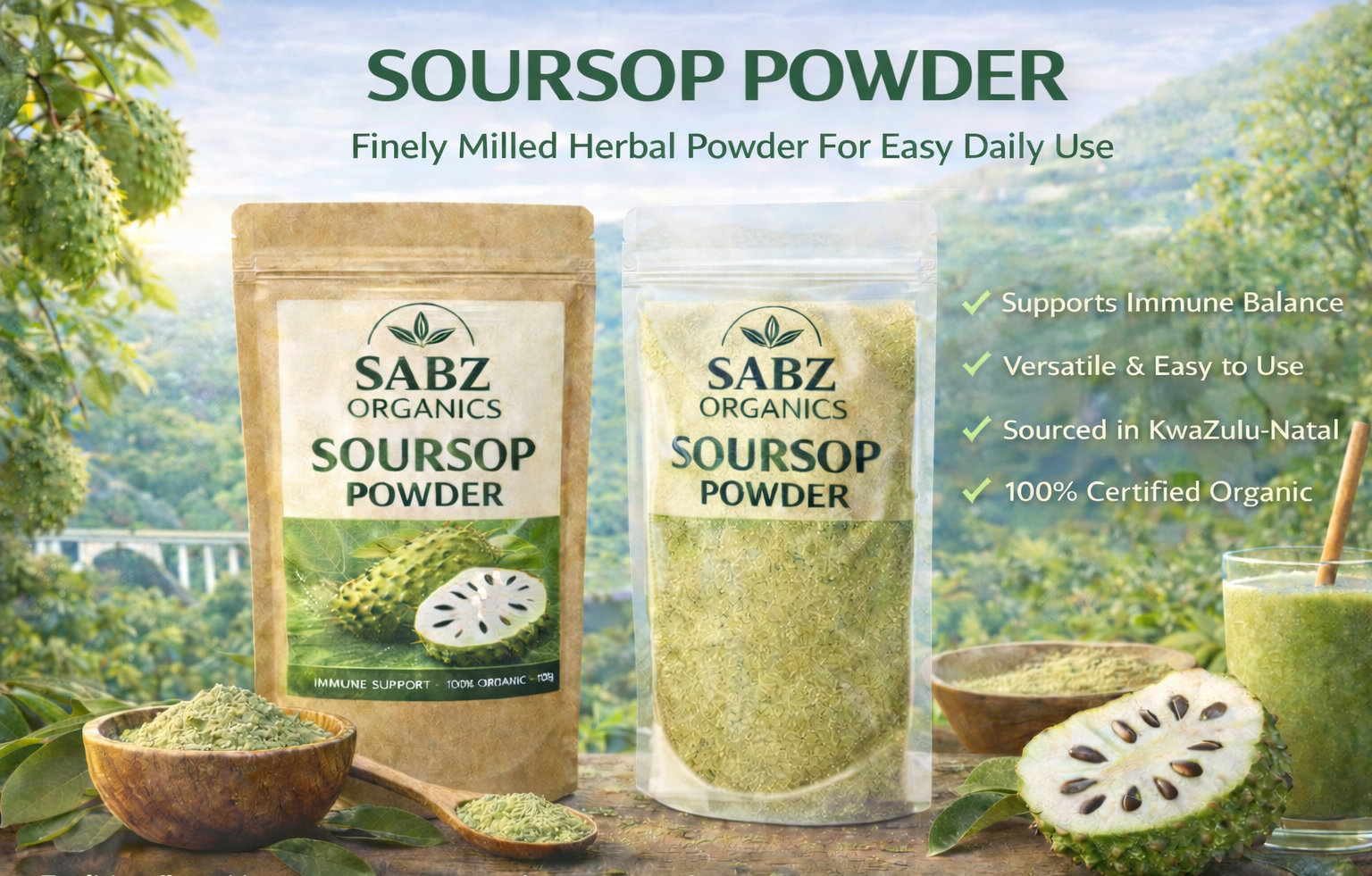 SABZ Organics Soursop Powder packaging with greenery in the background. soursop powder, anti cancer, cancer killer, immune booster, super food. 