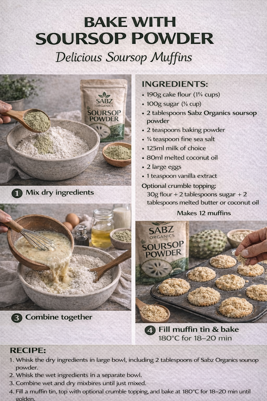 Instructions for making soursop muffins with ingredients and steps shown.